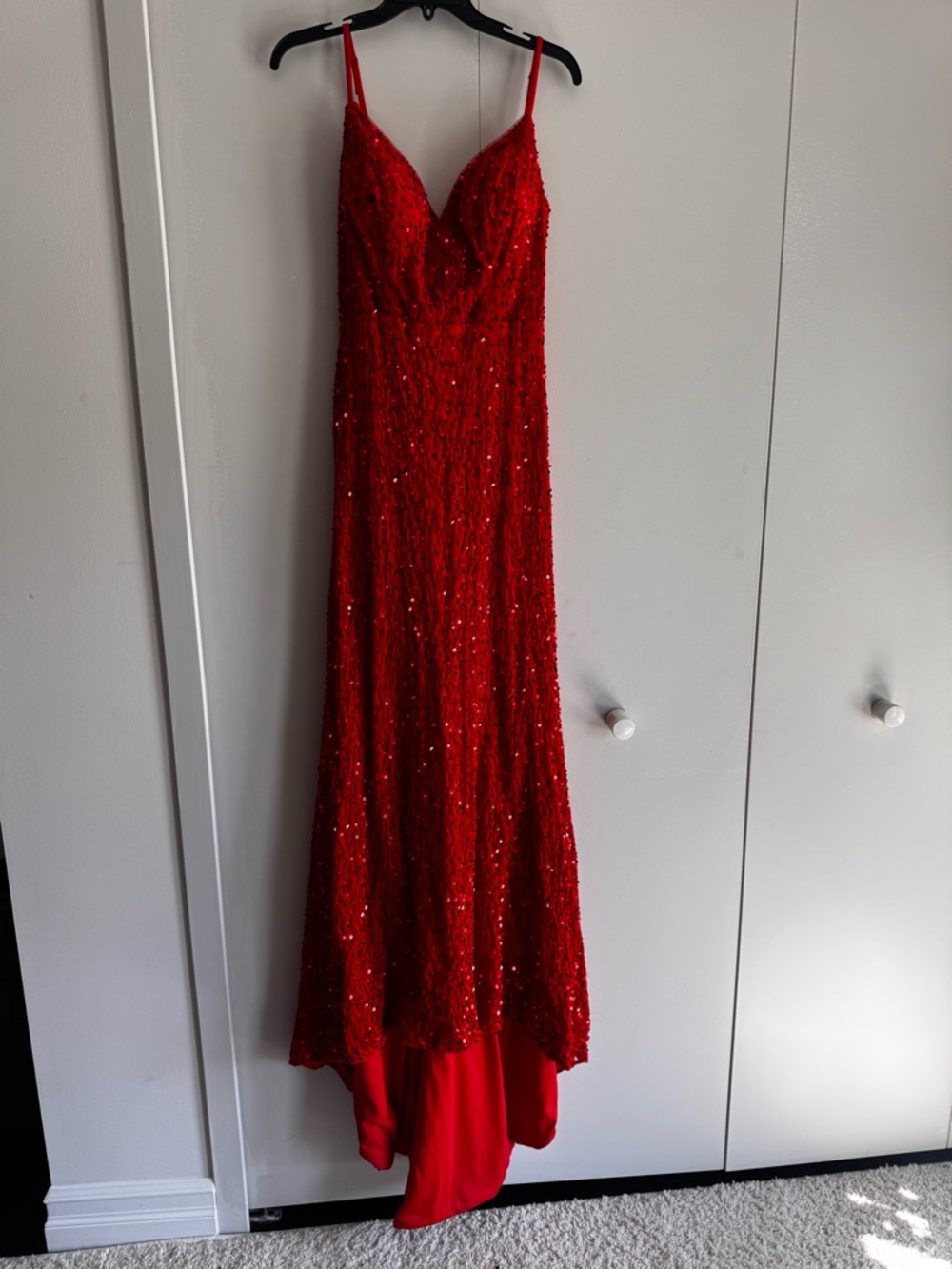 Red Sequin Evening Gown with Spaghetti Straps